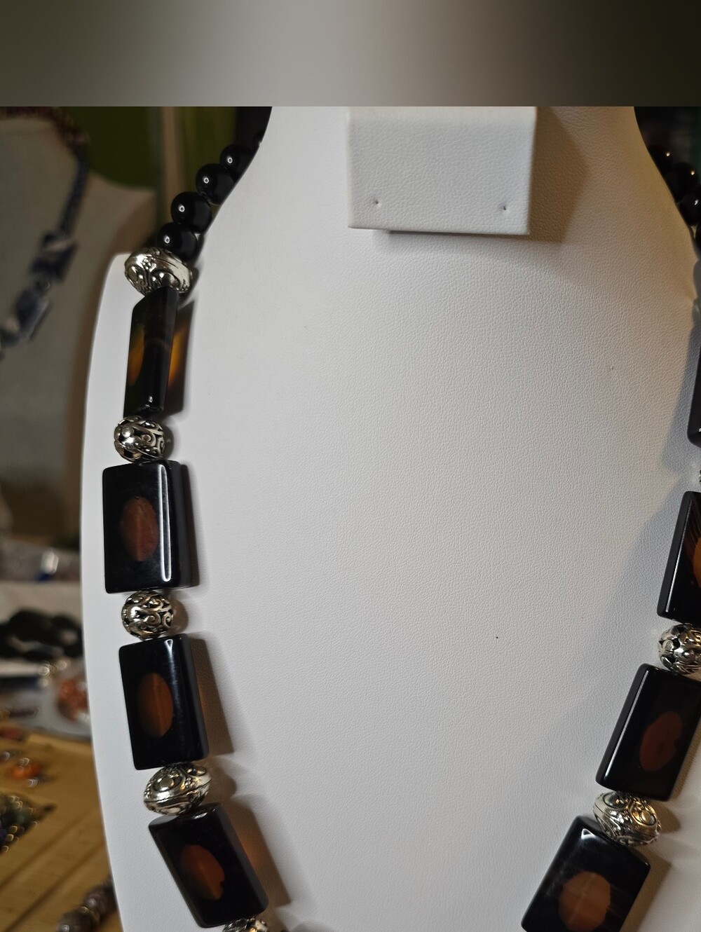 Black and Brown Rectangular Bead Necklace with Silver Accent Spacers